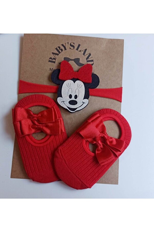 Babyland Kız Bebek/çocuk Kırmızı Mickeyli Lastik Bandana Ve Kırmızı Babet Çorap Miki Fare