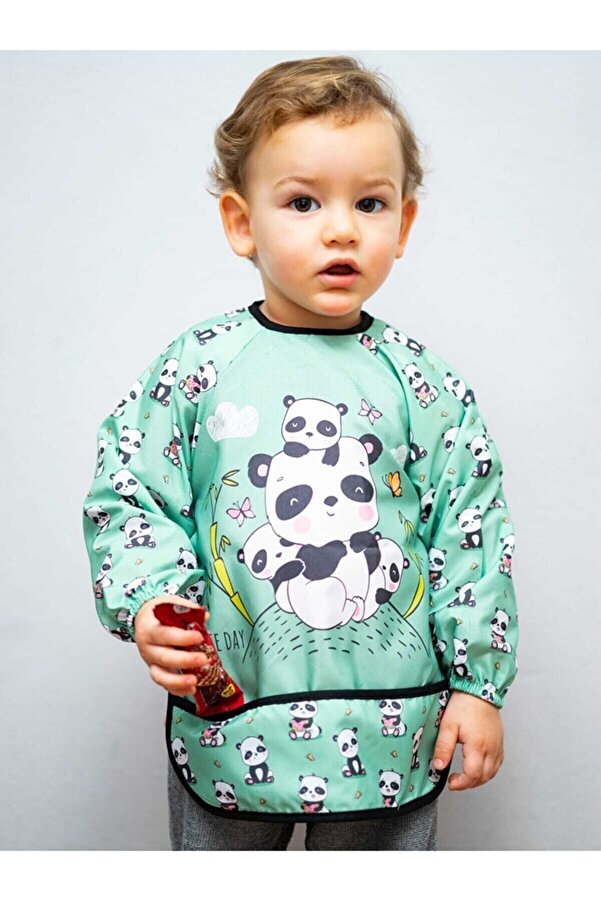 dubi baby Bebechi Uzun Kollu Cepli Panda Desen Giyilebilir Mama Önlüğü