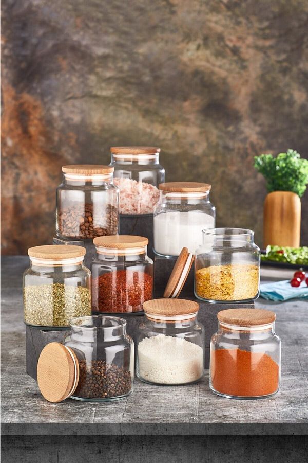 FBZhome-9 Pieces 300 ml Glass Spice Jar with Bamboo Lid Storage Container Spice Rack 1