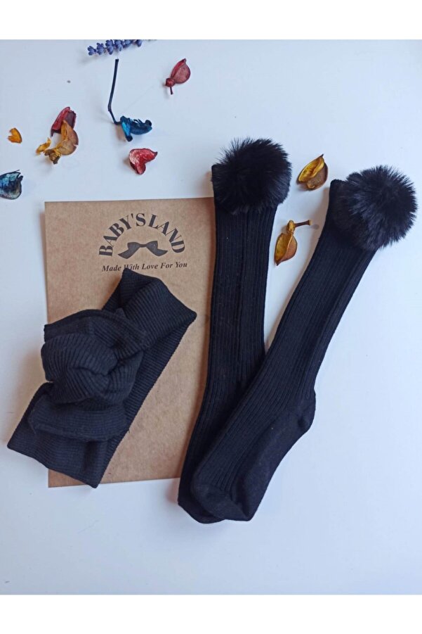 Babyland Kız Bebek/çorap Siyah Ribana Bandana Ve Siyah Ponponlu Siyah Çorap Seti