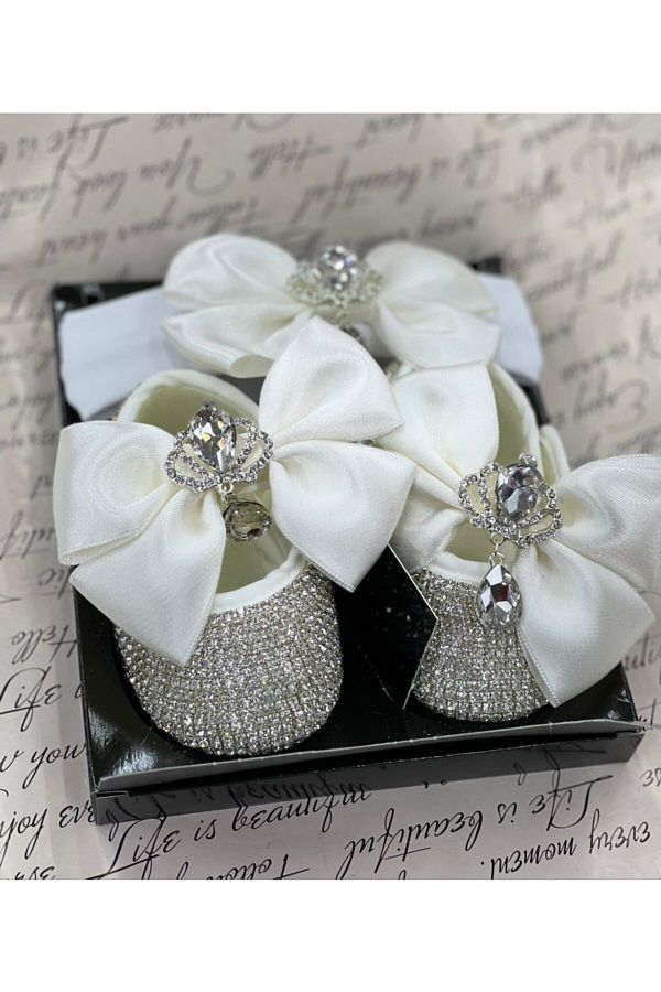 QUEEN AKSESUAR-Luxury Crystal Queen Princess Jewelled Stone Plated Baby Shoes Booties Hair Band Bandana Set White 1