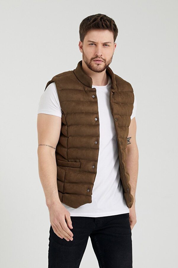 Gavazzi-Men's Brown Collar Snap Closure Nubuck Suede Velvet Textured Vest 1