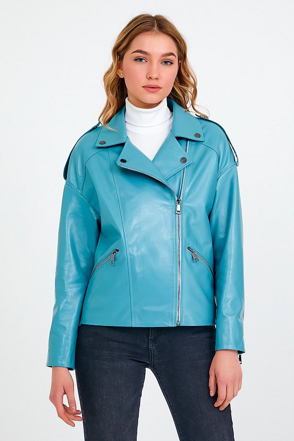 Turquoise leather jacket on sale