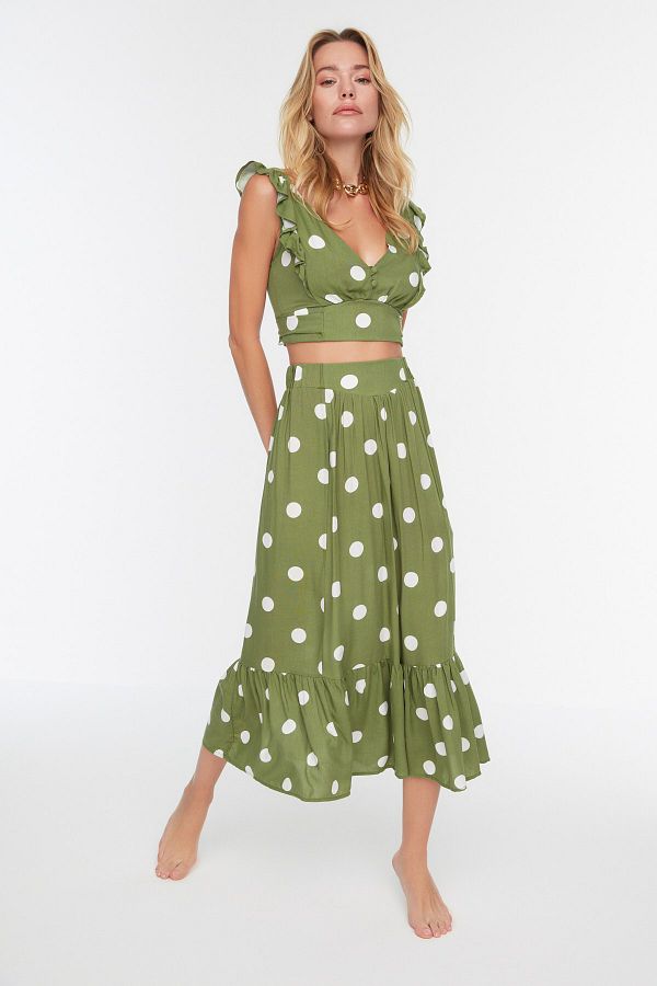 Trendyol Collection Khaki Polka Dot Woven Flounce Blouse Skirt Set TBESS19BB0102 Trendyol