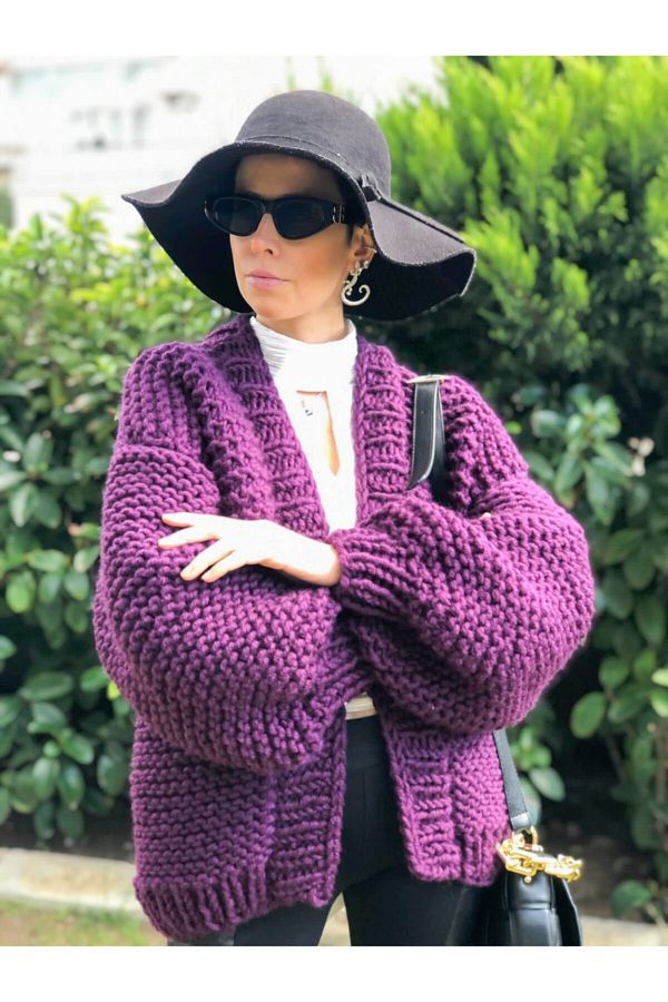 ORGANICMIRA Thick Oversize Knitted Women s Jacket Chunky Cardigan Purple Cardigan Trendyol