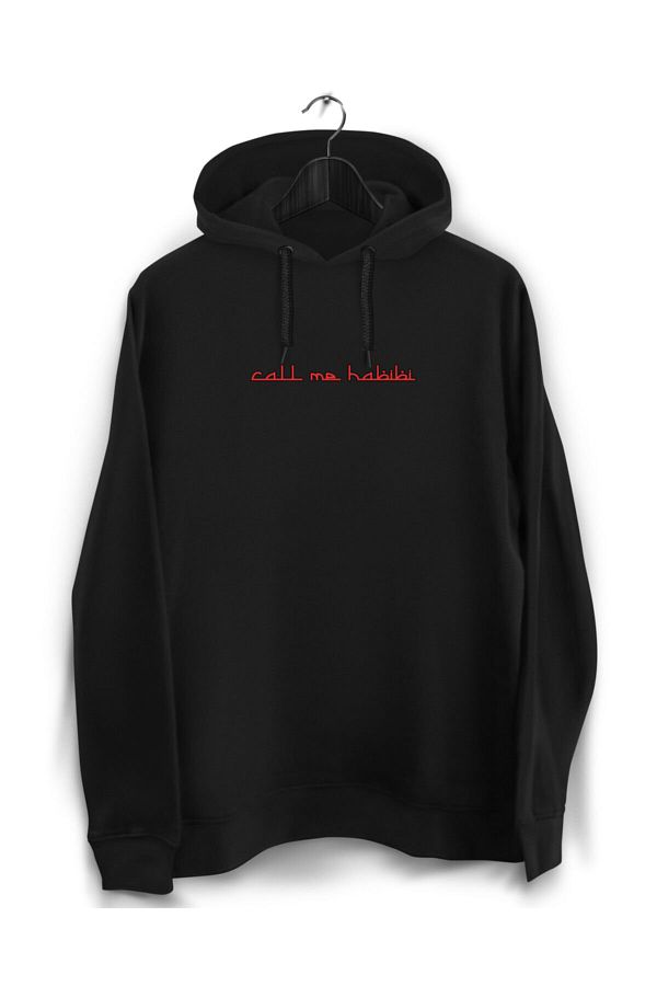 YEACHY Unisex Black Call Me Habibi Printed Hooded Sweatshirt Trendyol