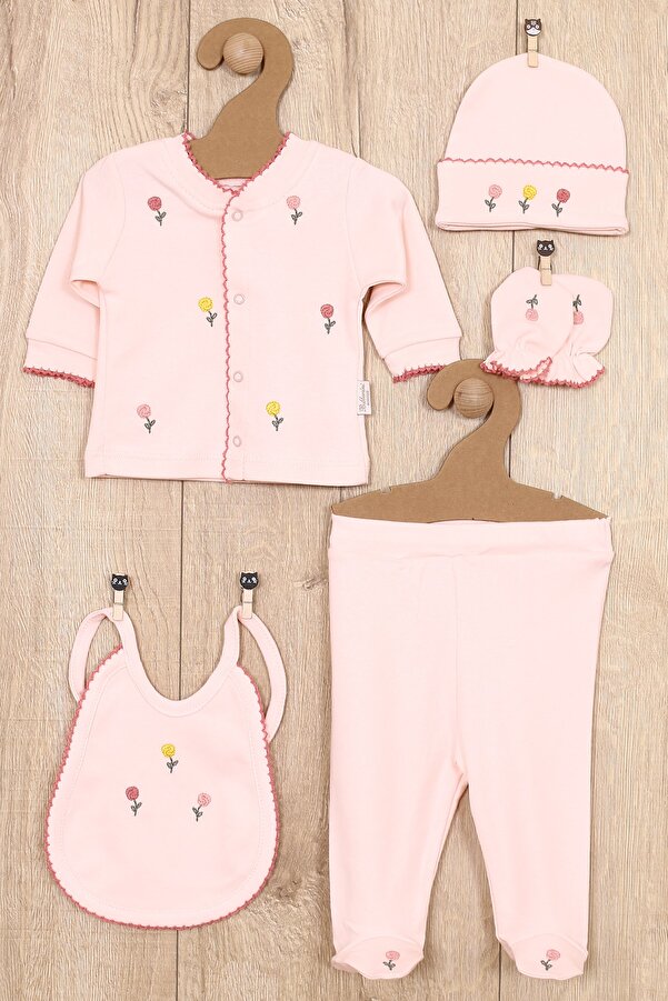 Bebbemini Kız Bebek Hastane Çıkışı Yeni Doğan Lüks Gül Işlemeli % 100 Pamuk Zıbın Seti 5 Parça Bebek Hediyesi