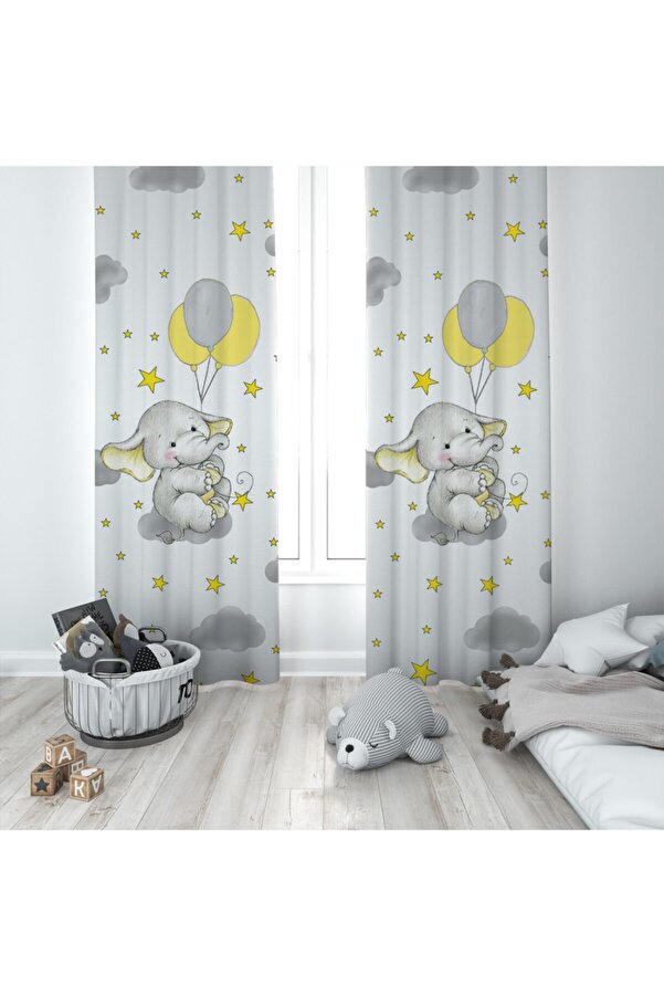 MEKTA HOME Bebek Ve Çocuk Odası Sevimli Yavru Fil Desenli Fon Perde Mktyfp-004