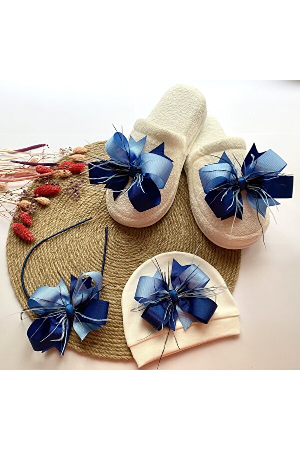 irembaby Anne Bebek Lohusa Seti Mavi Lacivert Tüylü Fiyonk Lohusa Tacı Terlik Ve Bebek Şapka Lohusa Takımı