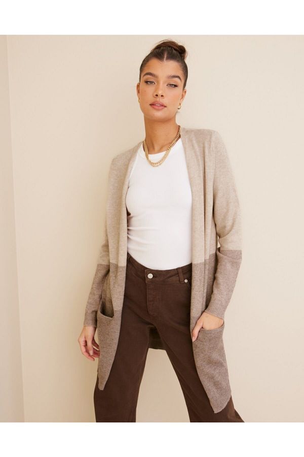 Only Onlqueen L s Long Cardigan Knt Noos Basic Color Block Cardigan with Long Pockets Trendyol