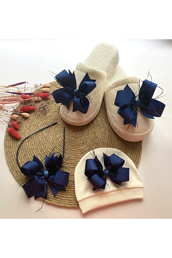 irembaby Anne Bebek Lohusa Seti Lacivert Tüylü Fiyonk Lohusa Tacı Terlik Ve Bebek Şapka Lohusa Takımı