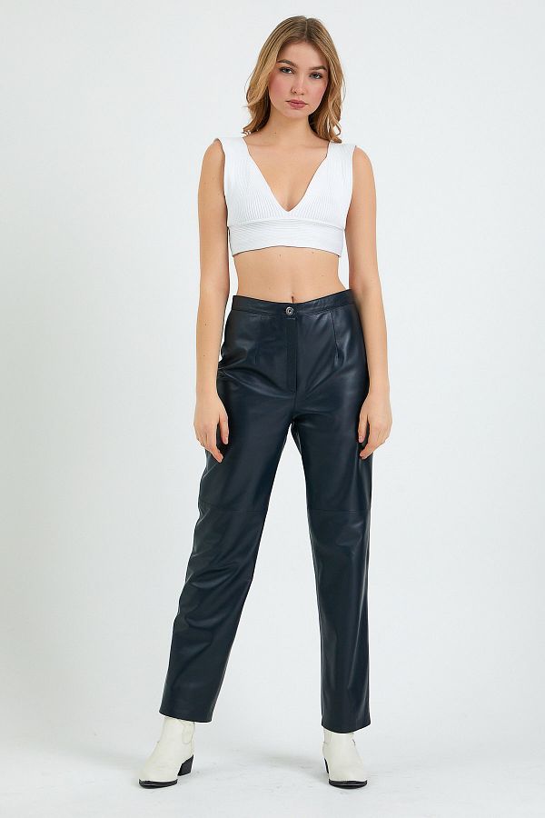 Leather Club Navy Blue Regular Fit Leather Trousers Trendyol