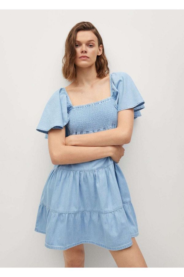 MANGO Women s Dull Blue Ruffle Cotton Dress Trendyol
