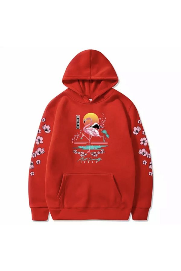 AMOR MAN-Amor Lady - Flamingo Flower Patterned Oversize Hooded Women's Sweatshirt 100% Cotton 1