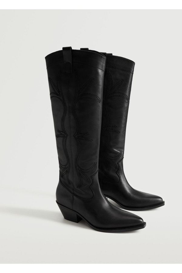 MANGO Women s Black Cowboy Style Leather Boots Trendyol
