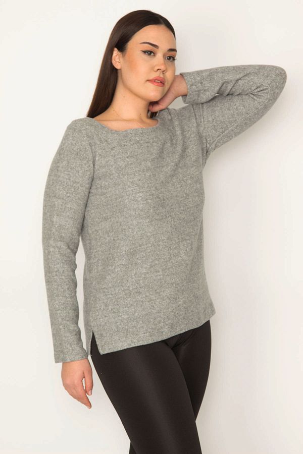 Şans-Women's Large Size Gray Soft Fabric Side Slit Blouse 65n31673 1