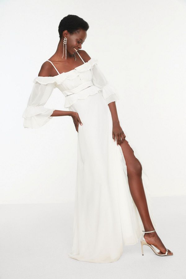 Trendyol Collection-Ecru Flounced Chiffon A-Cut Evening Dress - Long Wedding/Wedding Dress TPRSS19FZ0278 1