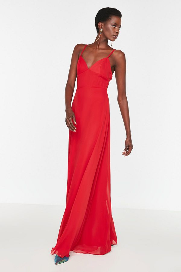 Trendyol Collection Long Red Chiffon Evening Dress A Cut Lined Evening Gown TPRSS19FZ0392 Trendyol