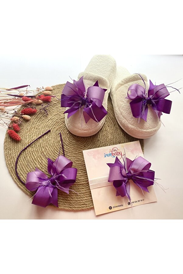 irembaby Anne Bebek Lohusa Seti Mor Lila Tüylü Fiyonk Lohusa Tacı Terlik Ve Bebek Saç Bandı Lohusa Takımı