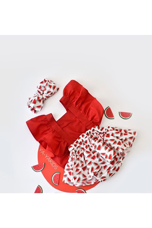 Little Ya Ya Love Kız Bebek Karpuz Desen Poplin Fırfır Salopet Bandana Set