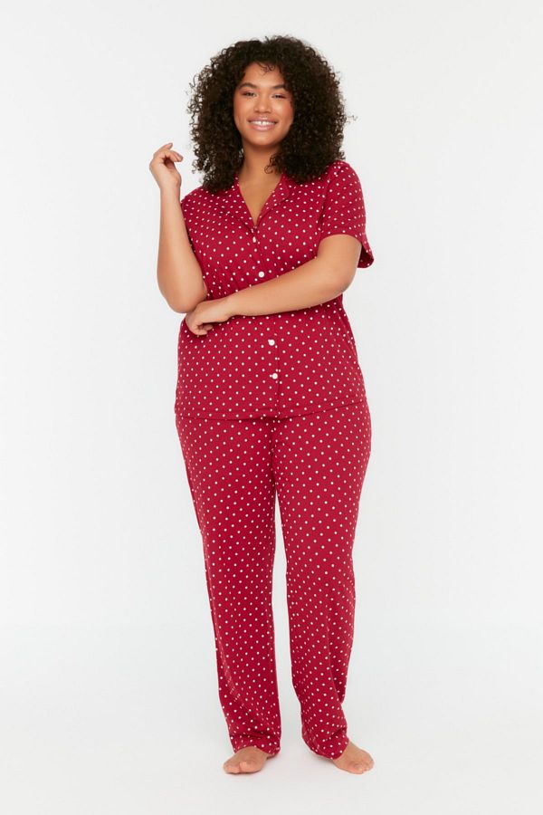 Trendyol Curve-Burgundy Polka Dot Print Shirt Collar Knitted Pajamas Set Tbbss22Pt0710 1