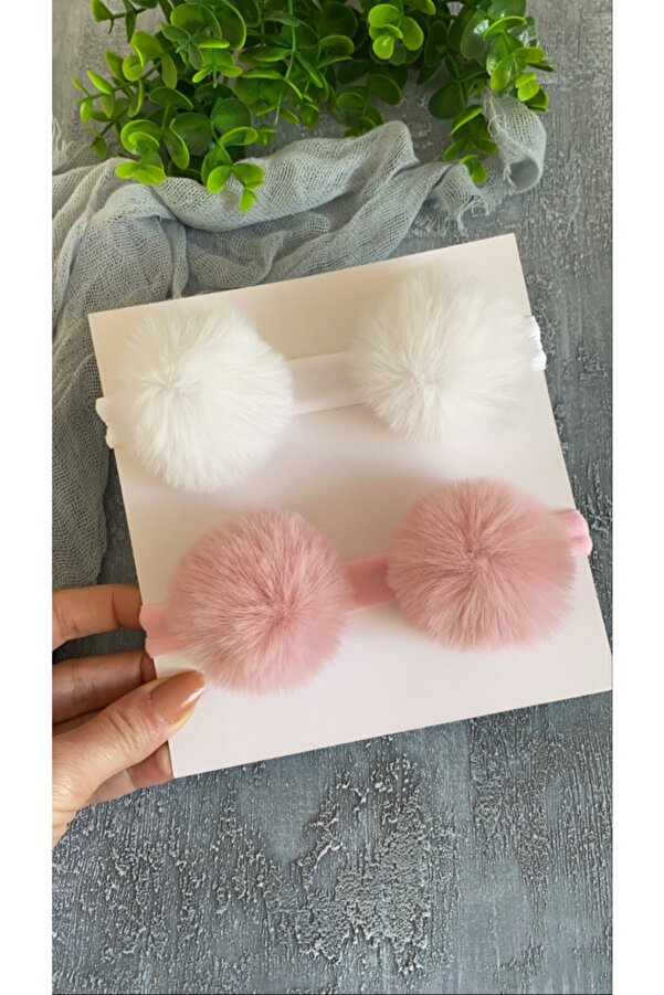 Selda Aksesuar Kız Bebek 2 Li Beyaz-pudra Ponpon Saç Bandı