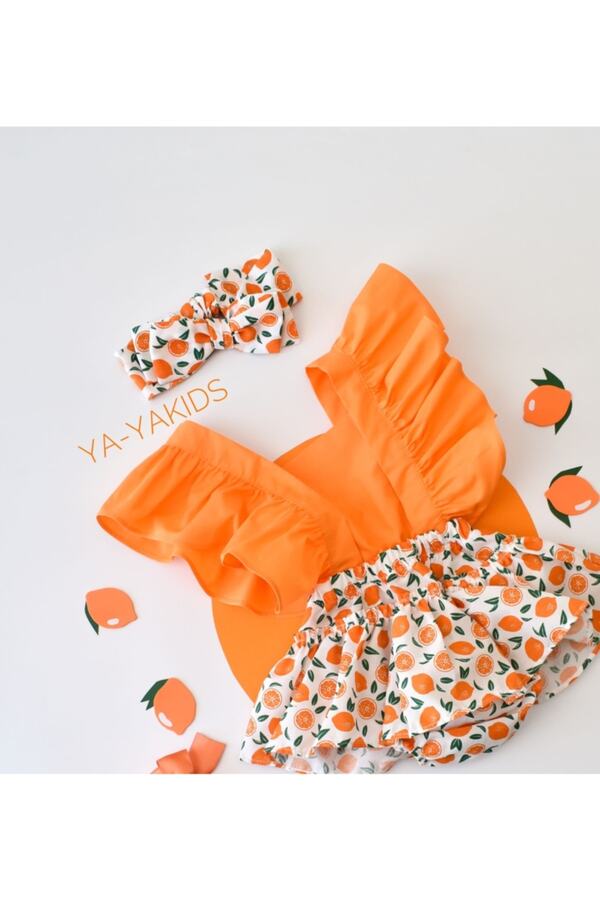 Genel Markalar Kız Bebek Portakal Desen Poplin Fırfır Salopet Bandana Set