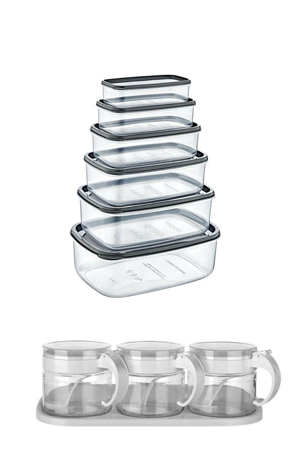 Buffer-® Set of 6 Rectangular Transparent Storage Containers + White 3-Piece Glass Spice Rack with Stand and Lid and Spoon 1