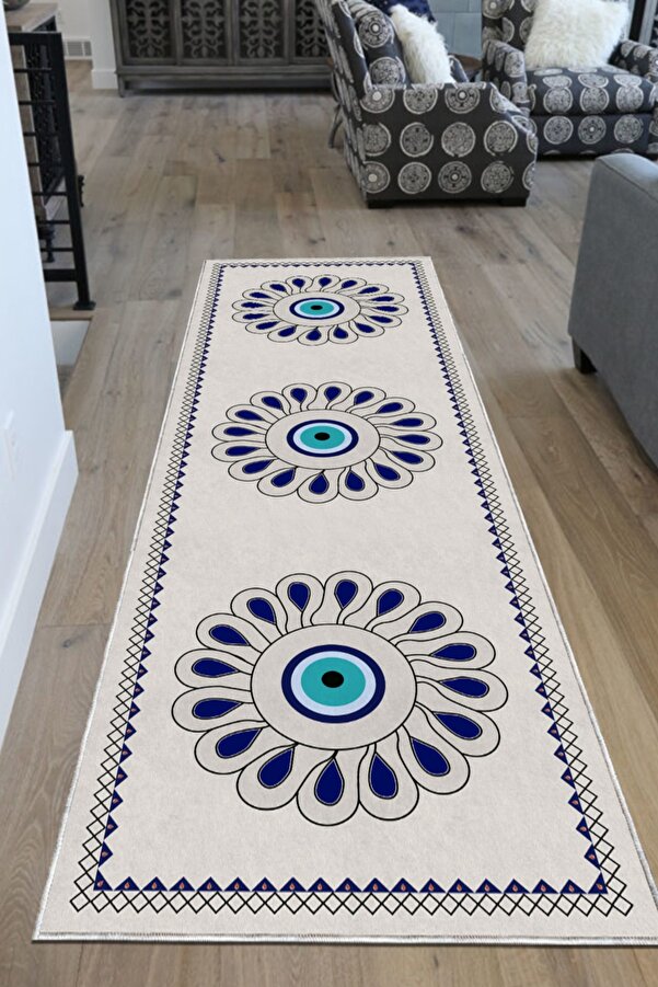 COZIE HOME Dijital Baskılı Kaymaz Taban Makinada Yıkanabilir Nazar Boncuklu Salon Halısı Ve Yolluk-519
