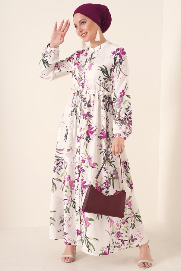 Bigdart-2144 Weißes Hijab-Kleid mit gemustertem Kragen 1