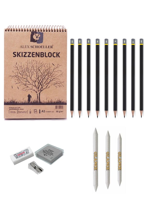 GLANCE-Alex Schoeller A5 Spiraled Kraft Sketchbook 60 Ypr Charcoal Drawing Set Charcoal Pencil Sketch Set 1