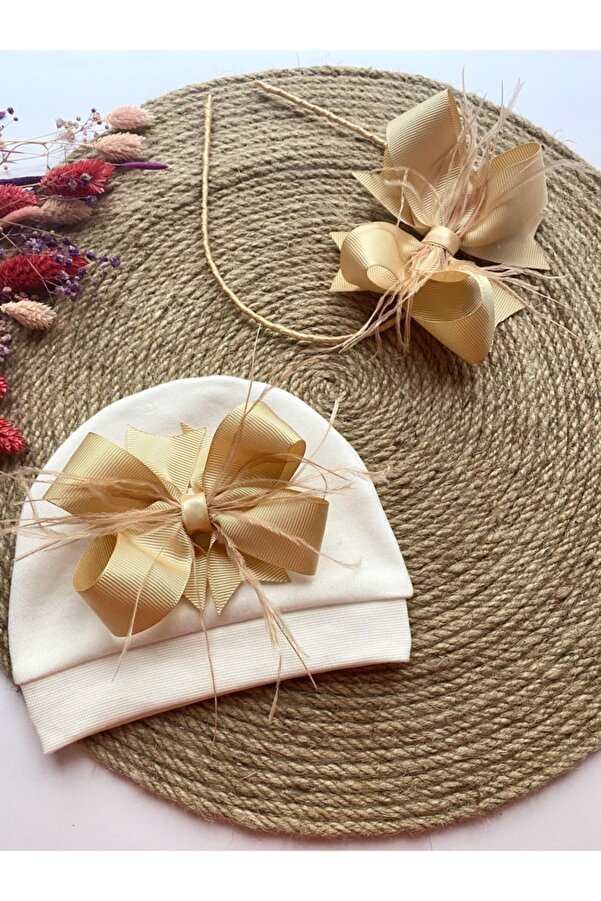 irembaby Bebek Lohusa Seti Gold Tüylü Fiyonk Bebek Şapkası Ve Anne Lohusa Tacı Lohusa Takımı