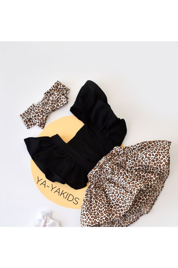 Little Ya Ya Love Kız Bebek Leopar Desen Poplin Fırfır Salopet Bandana Set