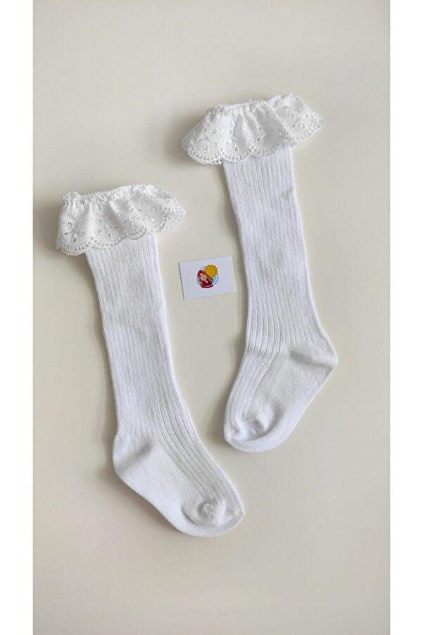 Bandanatasarımı Fistolu Beyaz Diz Altı Bebek Çorap