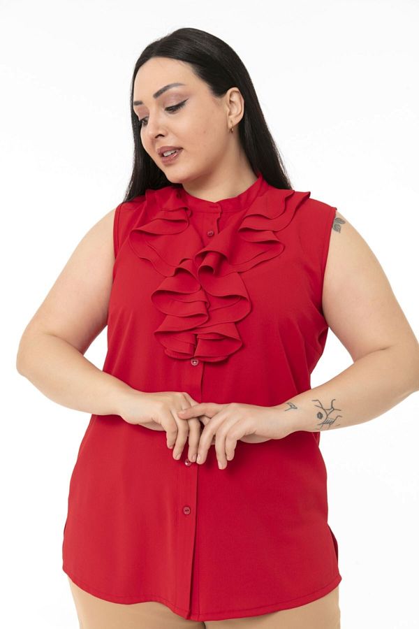 DISENTIS MODEST-Red Sleeveless Shirt - Plus Size, Two Layers of Flounces and Buttons 1