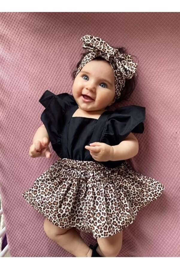 Genel Markalar Leopar Desen Fırfır Salopet Bandana Set