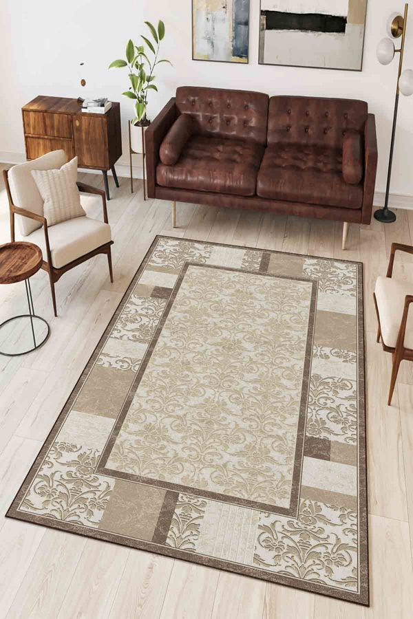 Homefesto-Cream-Flatun Geometric Patterned, Cream Colored Custom Design, Thin, Washable Carpet 1