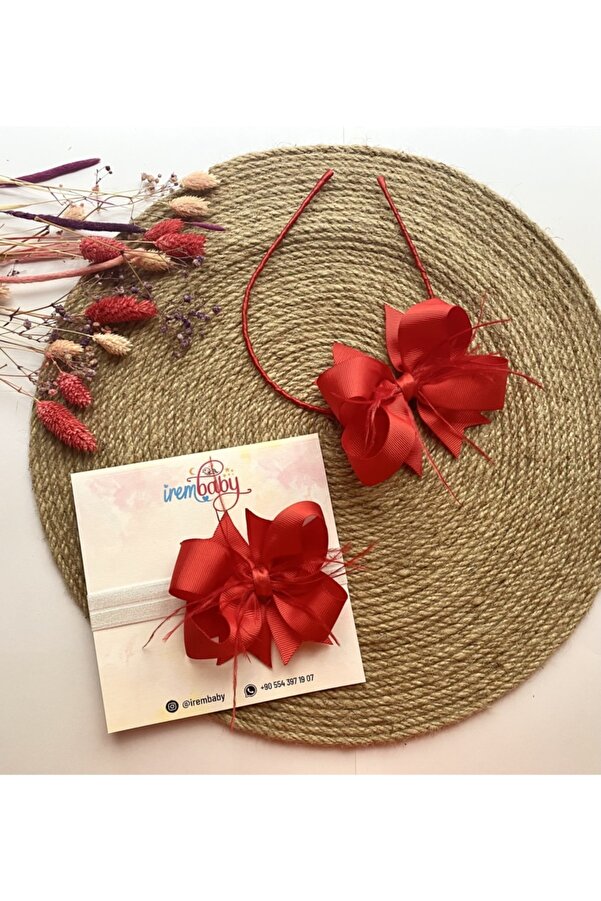 irembaby Anne Bebek Lohusa Seti Kırmızı Tüylü Fiyonk Lohusa Tacı Ve Bebek Saç Bandı Lohusa Takımı
