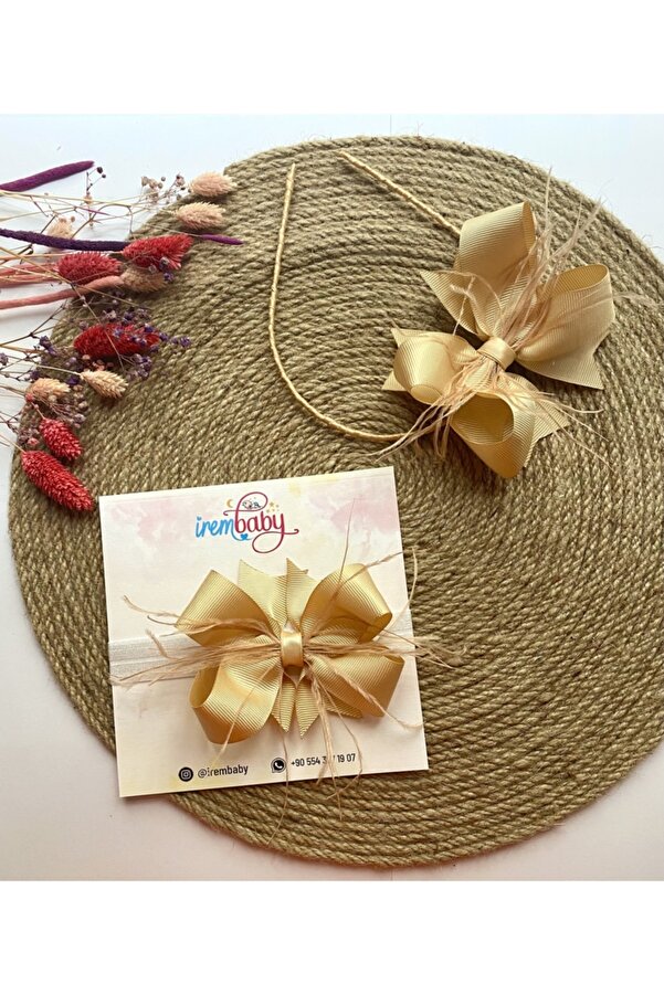 irembaby Anne Bebek Lohusa Seti Gold Tüylü Fiyonk Lohusa Tacı Ve Bebek Saç Bandı Lohusa Takımı