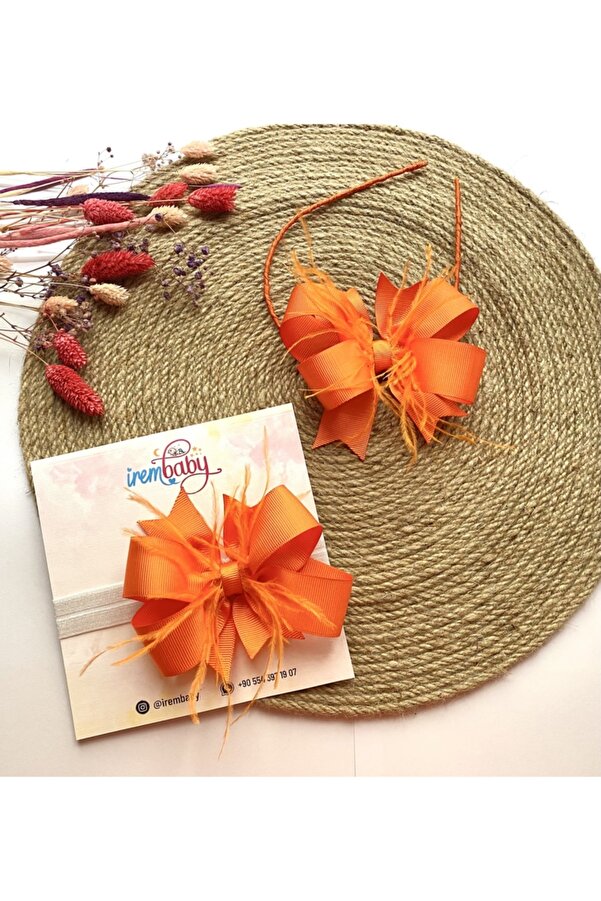 irembaby Anne Bebek Lohusa Seti Turuncu Tüylü Fiyonk Lohusa Tacı Ve Bebek Saç Bandı Lohusa Takımı