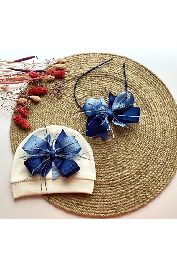 irembaby Bebek Lohusa Seti Mavi Lacivert Tüylü Fiyonk Bebek Şapkası Ve Anne Lohusa Tacı Lohusa Takımı