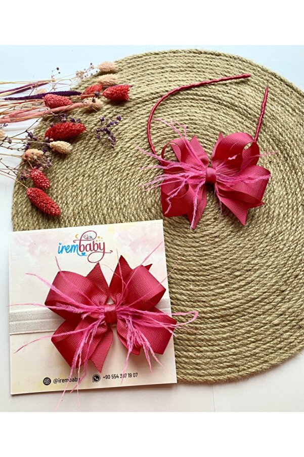 irembaby Anne Bebek Lohusa Seti Fuşya Pembe Tüylü Fiyonk Lohusa Tacı Ve Bebek Saç Bandı Lohusa Takımı