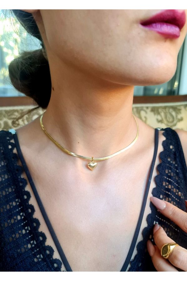 WONDER TOUCH Women s Choker Necklace Gold Plated Domed Minimal Heart Choker Necklace 37 Cm Thin Italian Crushed Chain