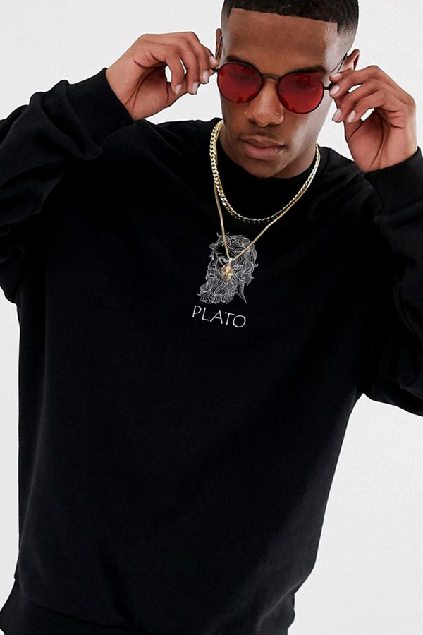 Pasage Trend Nice Oversize Plato Printed Black Sweatshirt Trendyol