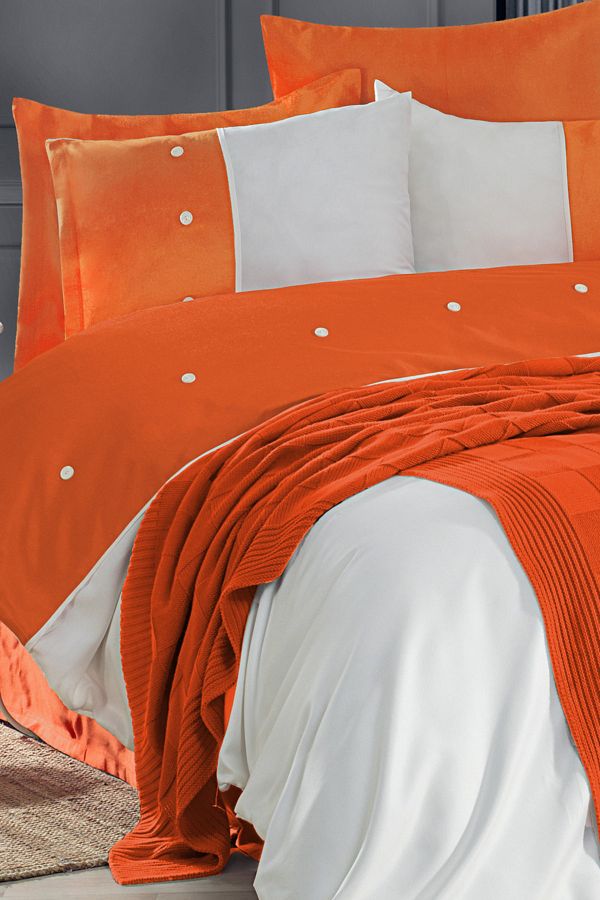 Evlen Home Collection La Luna Cotton Satin Double Special Design Duvet Cover Knitted Blanket Set 7 Pieces Orange Trendyol