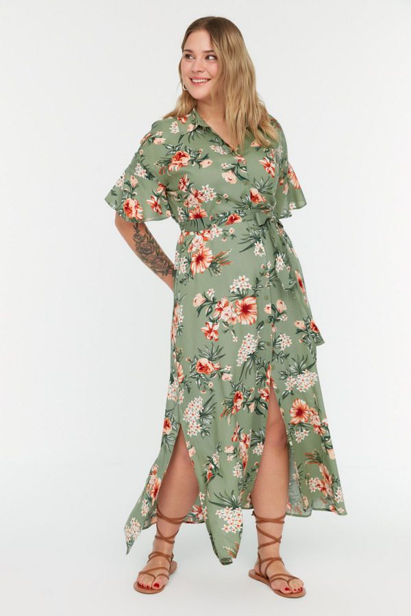 Trendyol Curve-Grünes Hemdblusenkleid mit gewebtem Blumenmuster und Schlitz TBBSS22EL1596 1