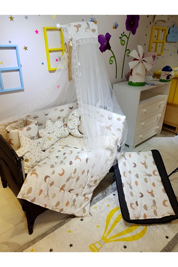bebek_iklimi 70x110 Park Beşik İçin Cibinlikli 12 Parça Bebek Uyku Seti - Kahve Ay Yıldız Desen (Beşik Hariç)
