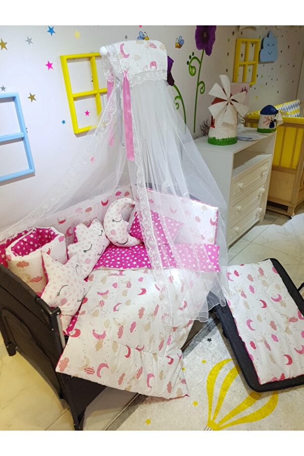 bebek_iklimi 70x110 Park Beşik İçin Cibinlikli 12 Parça Bebek Uyku Seti - Pembe Ay Yıldız Desen (Beşik Hariç)