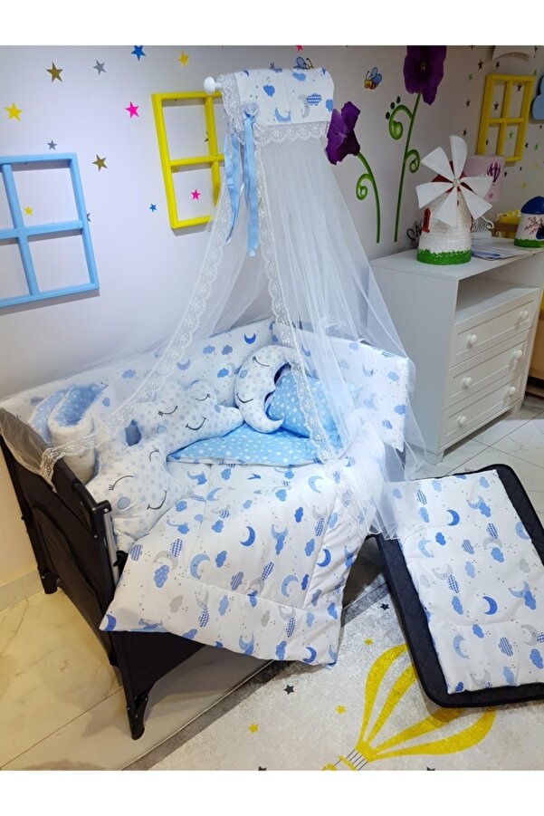 bebek_iklimi 70x110 Park Beşik İçin Cibinlikli 12 Parça Bebek Uyku Seti - Mavi Ay Yıldız Desen (Beşik Hariç)