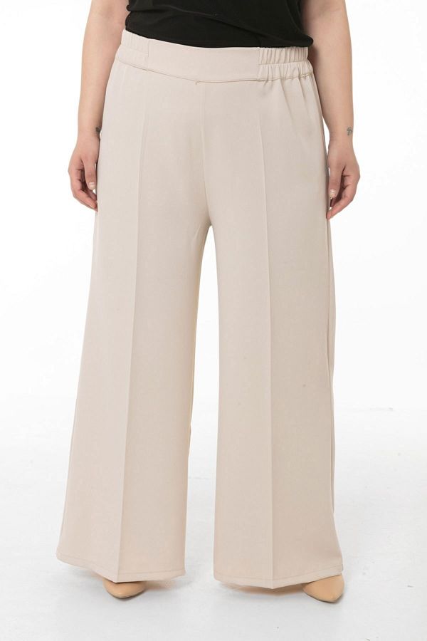 DISENTIS MODEST-Plus Size Wide Leg Double Beige Trousers with Elastic Waist and Side and Back 1